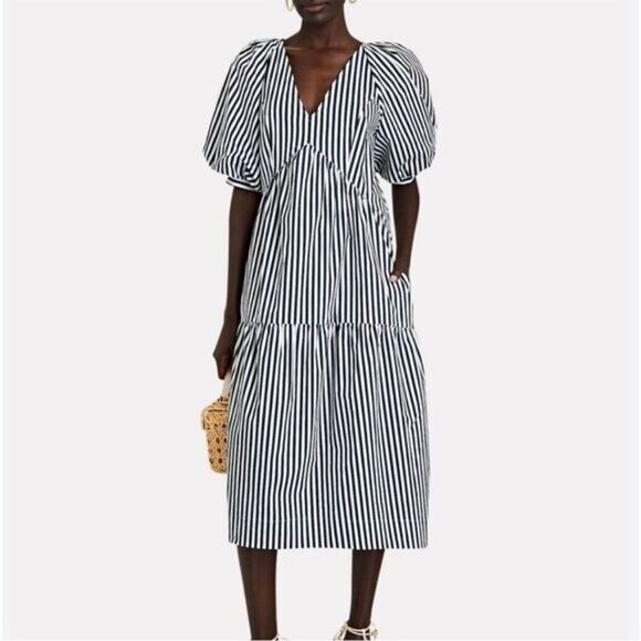 Frame Striped Puff Sleeve Midi Dress Navy White 100% cotton size medium - Picture 1 of 10